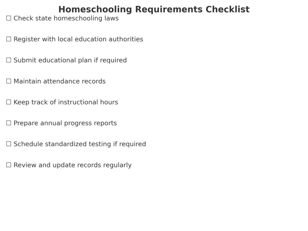 A checklist titled "Homeschooling Requirements Checklist" with the following items:

Check state homeschooling laws
Register with local education authorities
Submit educational plan if required
Maintain attendance records
Keep track of instructional hours
Prepare annual progress reports
Schedule standardized testing if required
Review and update records regularly 