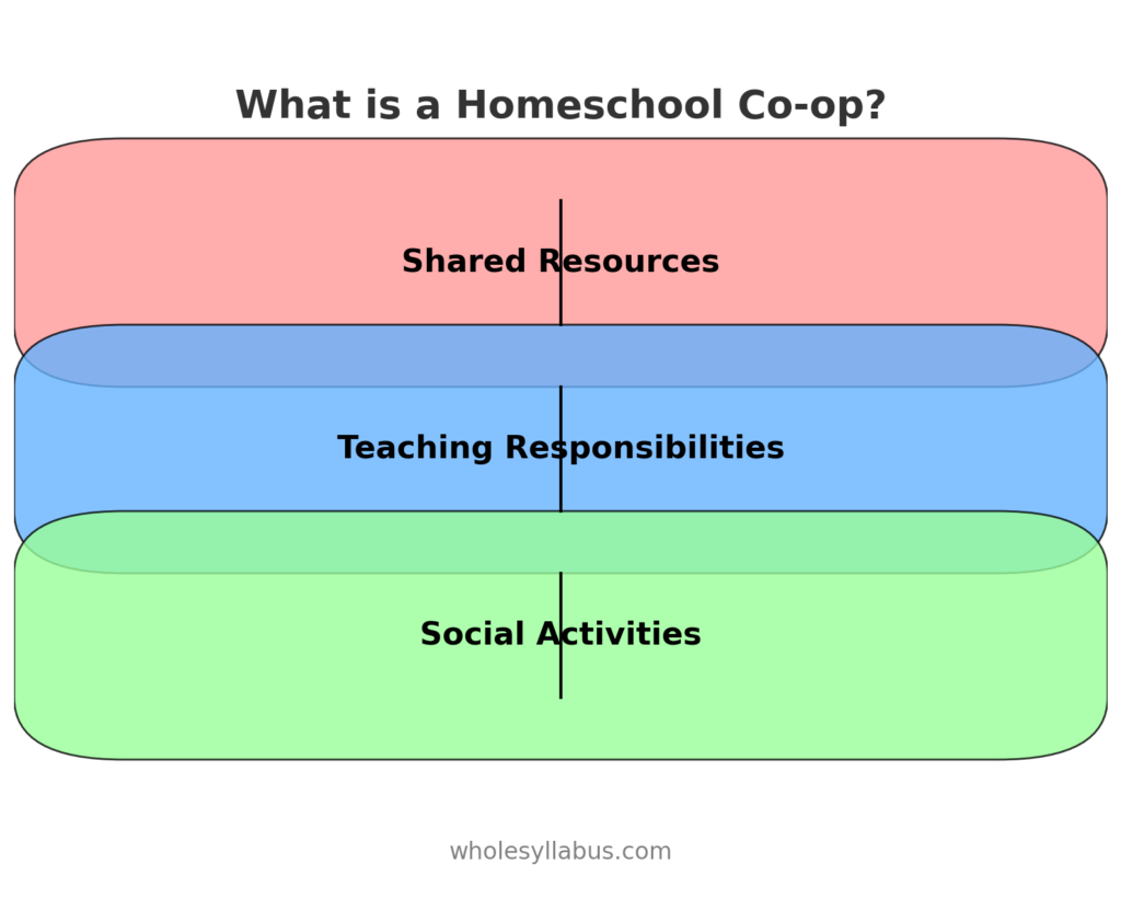 Infographic: Diagram explaining what a homeschool co-op is, including key components like shared resources, teaching responsibilities, and social activities.