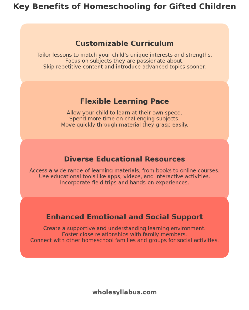 nfographic showing the key benefits of homeschooling for gifted children. Includes four sections: Customizable Curriculum, Flexible Learning Pace, Diverse Educational Resources, and Enhanced Emotional and Social Support. The infographic is branded with "wholesyllabus.com" at the bottom.