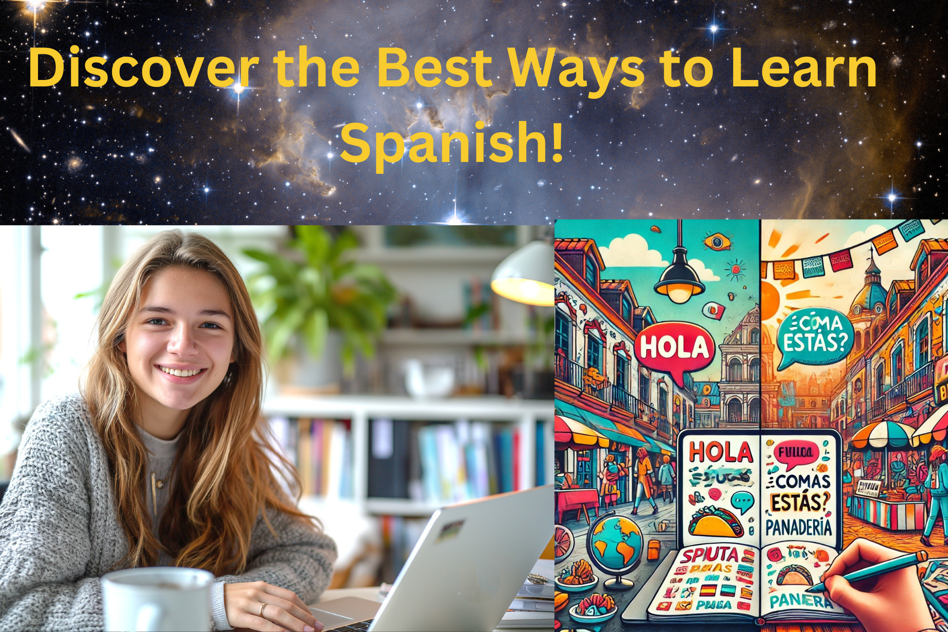 Split screen showing two ways to learn Spanish: using a language learning app and immersive learning in a Spanish market