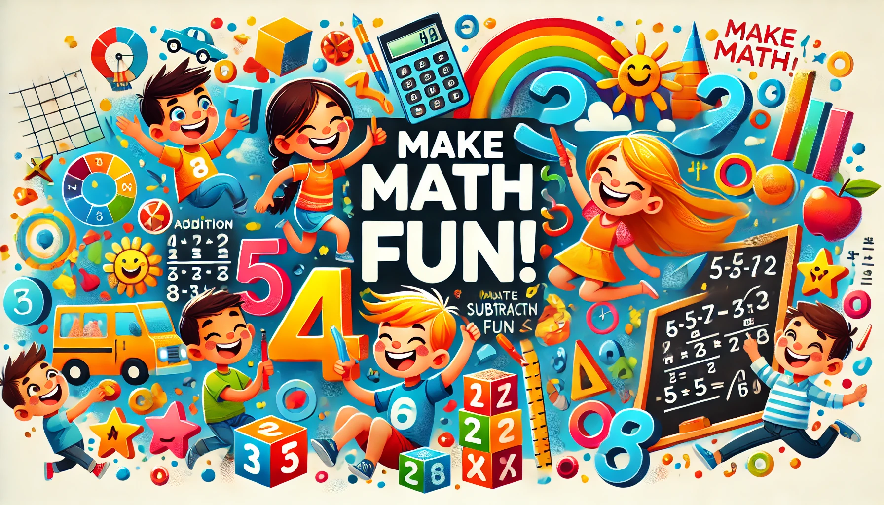 Colorful feature image of kids engaging in fun math activities with blocks, numbers, and playful math symbols like addition and subtraction, promoting the idea of making math fun for kids.