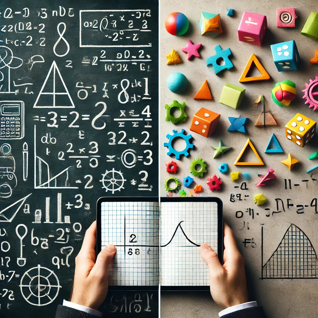 A split-screen showing math equations on one side and math games on the other, representing the debate of whether math is a game or not.