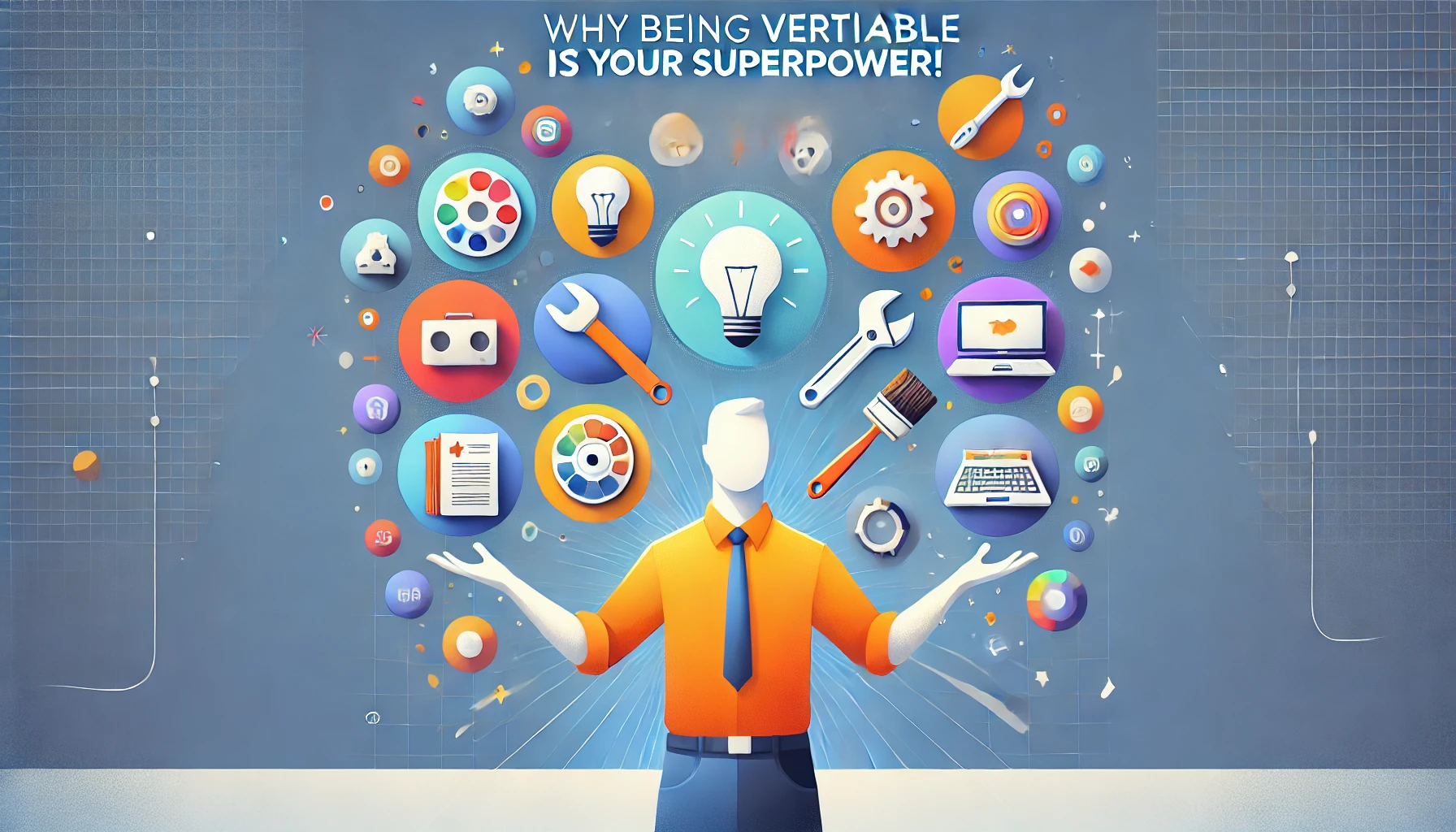 Person juggling icons representing multiple skills with the tagline "Why Being Versatile is Your Superpower