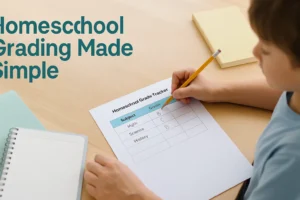 Homeschool Grading System: Guide to Tracking Progress & Success Parent grading homeschool assignments using a printable grade tracker at a home desk with child studying