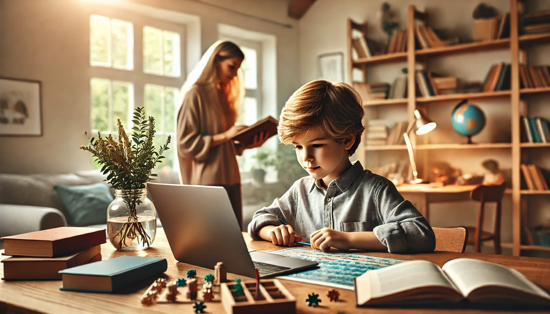 Young gifted child engaged in advanced learning activities at home, with parent guidance, showcasing strategies for homeschooling gifted kids.