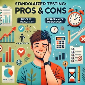 Pros and Cons of Standardized Testing: Is It Helping or Hurting Students? A split-image showing the pros and cons of standardized testing. The left side features a happy student taking a test, symbolizing success with a checkmark and a medal, while the right side depicts a stressed student with a clock and a red 'X'.