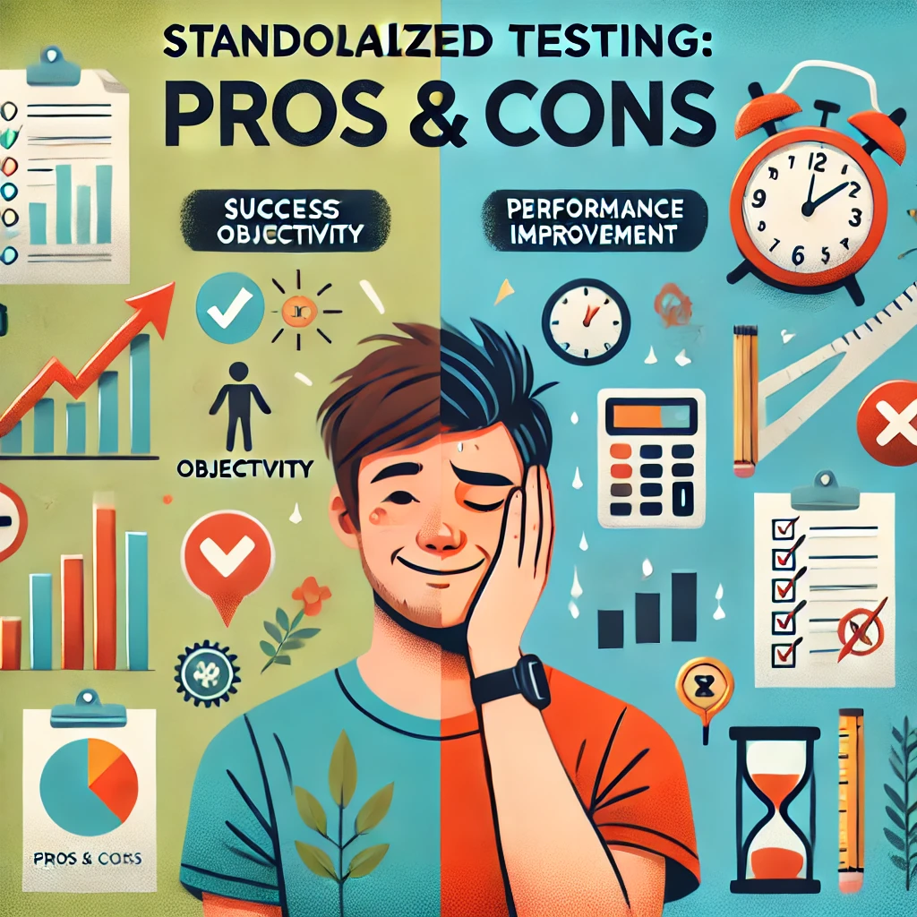 A split-image showing the pros and cons of standardized testing. The left side features a happy student taking a test, symbolizing success with a checkmark and a medal, while the right side depicts a stressed student with a clock and a red 'X'.