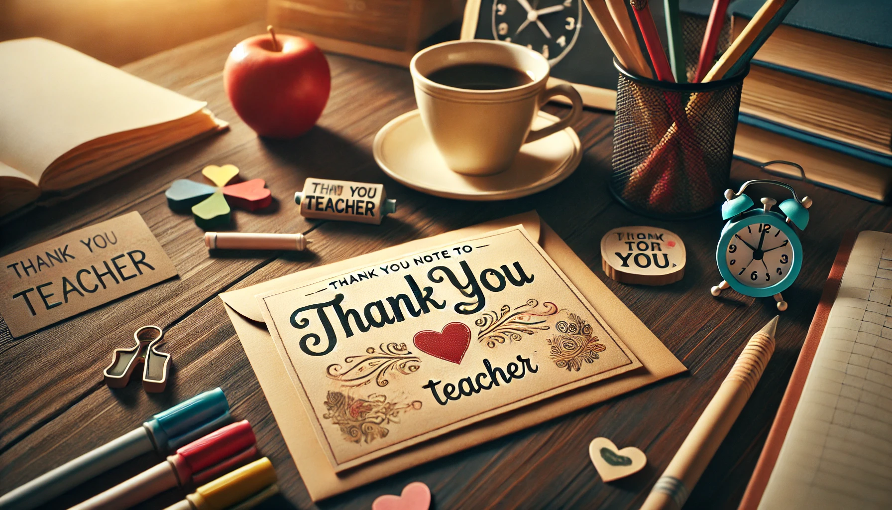 A handwritten thank-you note on a desk with school supplies like pencils and markers, expressing gratitude to a teacher.