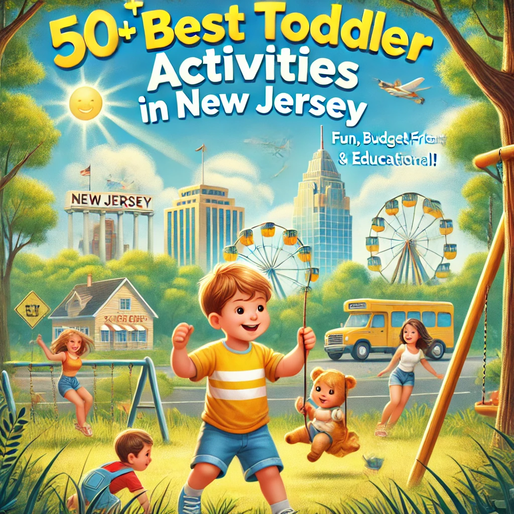 "Happy toddlers playing in a park with New Jersey landmarks in the background. Fun, educational, and budget-friendly activities for toddlers in New Jersey."