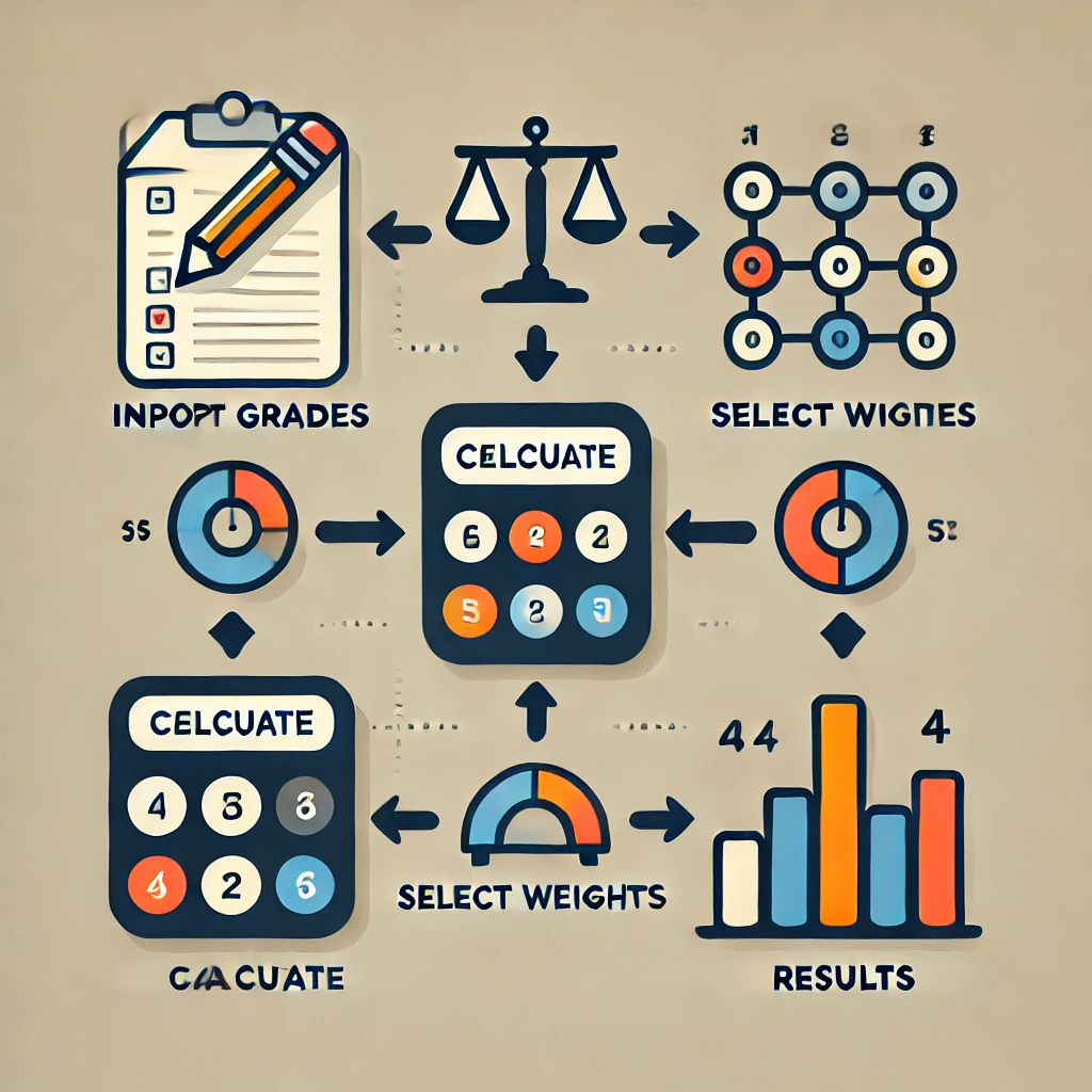 How to Use a Grade Calculator: Simplify Grading and Get Accurate Results Flowchart showing the step-by-step process of using a grade calculator: Input Grades, Select Weights, Calculate, and View Results