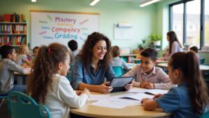Alternative Grading Systems in Schools: Pass/Fail, Competency-Based & ESNU Explained A modern classroom demonstrating alternative grading systems with a teacher giving narrative feedback to a student using a digital portfolio, while diverse students work collaboratively on projects in a bright and inclusive environment.