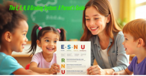 Understanding the E, S, N, U Grading System Parent’s Guide Illustration of the E, S, N, U grading system, with colorful icons representing Excellent, Satisfactory, Needs Improvement, and Unsatisfactory grades, set against a playful classroom background with young students and a teacher holding a report card.