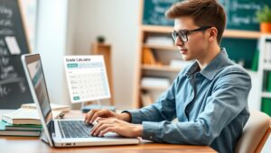 Top Free Grade Calculator Tools for Students and Teachers: Simplify Grading Teacher using a laptop with a grade calculator tool, surrounded by books and notepad, representing the top free grade calculator tools for students and teachers
