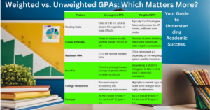 Weighted vs. Unweighted GPA: Key Differences & Why It Matters for College High school student holding a report card with GPA scores, showcasing weighted vs. unweighted GPA differences. Includes text overlay: "Weighted vs. Unweighted GPAs: Which Matters More?