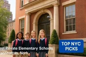Smiling students in uniform in front of a top private elementary school in Manhattan, New York City