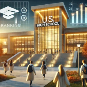 Prestigious U.S. high school at sunset with students walking towards the entrance, symbolizing top rankings and academic excellence in 2025