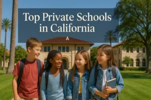 Top Private Schools in California: Best Options in LA, SF, & More Top private elementary school campus in California with happy students walking outdoors near palm trees and Spanish-style academic buildings