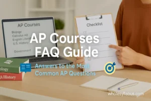 Student pointing at a checklist beside a laptop showing AP course names, with AP textbooks on the desk — featured image for "AP Courses FAQ Guide" on wholesyllabus.com.