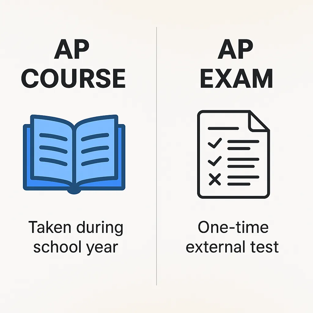 Does the AP Exam Affect Your GPA? The Ultimate Guide to AP Scores and GPA Impact Infographic comparing AP courses and AP exams with icons: textbook for AP class and exam sheet for AP test