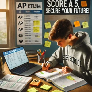 High school student self-studying for an AP exam with an AP prep book, laptop study guide, and checklist for organization. Focused on scoring a 5 on the AP test.