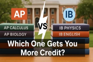 AP vs. IB: Which One Do Colleges Prefer? Key Differences & Credit Guide Split image comparing AP and IB textbooks with a college campus background, highlighting college credit benefits.