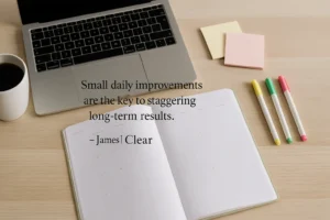 A clean and organized study desk with a 2025 academic planner, laptop, highlighters, and sticky notes — perfect tools for student productivity