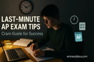 Last-Minute AP Exam Tips: Cram Smarter, Not Harder Student studying late at night with books, notes, and a laptop, preparing for AP exams with a clock in the background showing urgency.