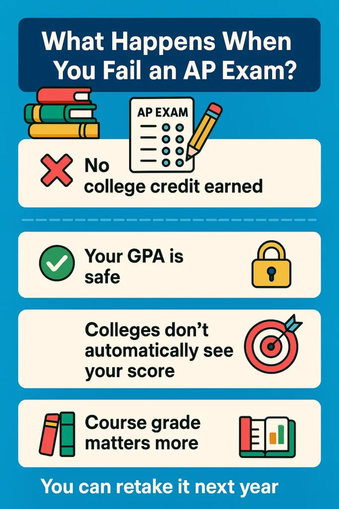 Failing an AP Exam? Here’s What Actually Happens (And How to Recover Like a Pro) Infographic explaining what happens if you fail an AP exam — including no college credit, GPA impact, and recovery options. Visual guide designed for high school students exploring AP test retake and college prep strategies.