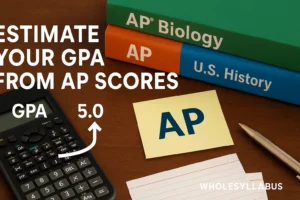 AP Score GPA Estimator: See How Your AP Exam Scores Affect Your GPA Feature image showing AP textbooks, a scientific calculator, and study tools with the headline "Estimate Your GPA from AP Scores" – designed for WholeSyllabus.