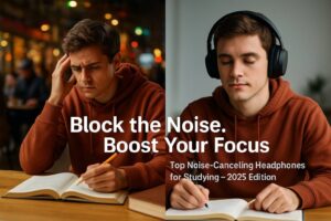 A split-screen of a student in a noisy environment and another student peacefully studying with headphones, promoting the best noise-canceling headphones for students