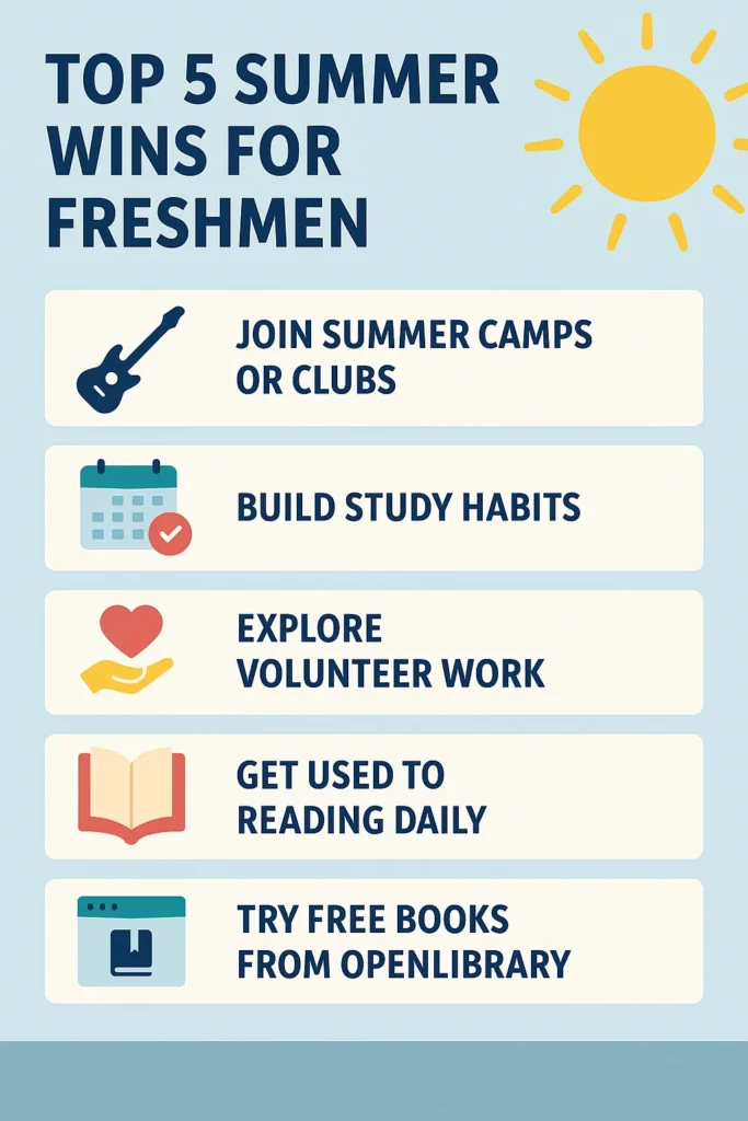 Summer Planning by Grade (9–12): High School Checklists & Smart Tips Infographic showing five key summer activities for incoming 9th graders: join summer camps or clubs, build study habits, explore volunteer work, get used to reading daily, and try free books from OpenLibrary.