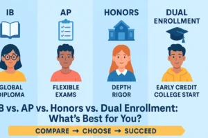 IB vs. AP vs. Honors vs. Dual Enrollment: What’s Best for You? Infographic comparing IB, AP, Honors, and Dual Enrollment programs for high school students.