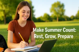 Importance of Summer for High School Students A smiling high school girl writing in a notebook on a sunny summer day in a park, with laptop and books nearby — text overlay reads “Make Summer Count: Rest, Grow, Prepare.
