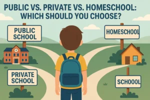 Public vs Private vs Homeschool: What’s Right for Your Family? A young student sitting between a public school, a private school, and a homeschool desk, representing the choice between education types.