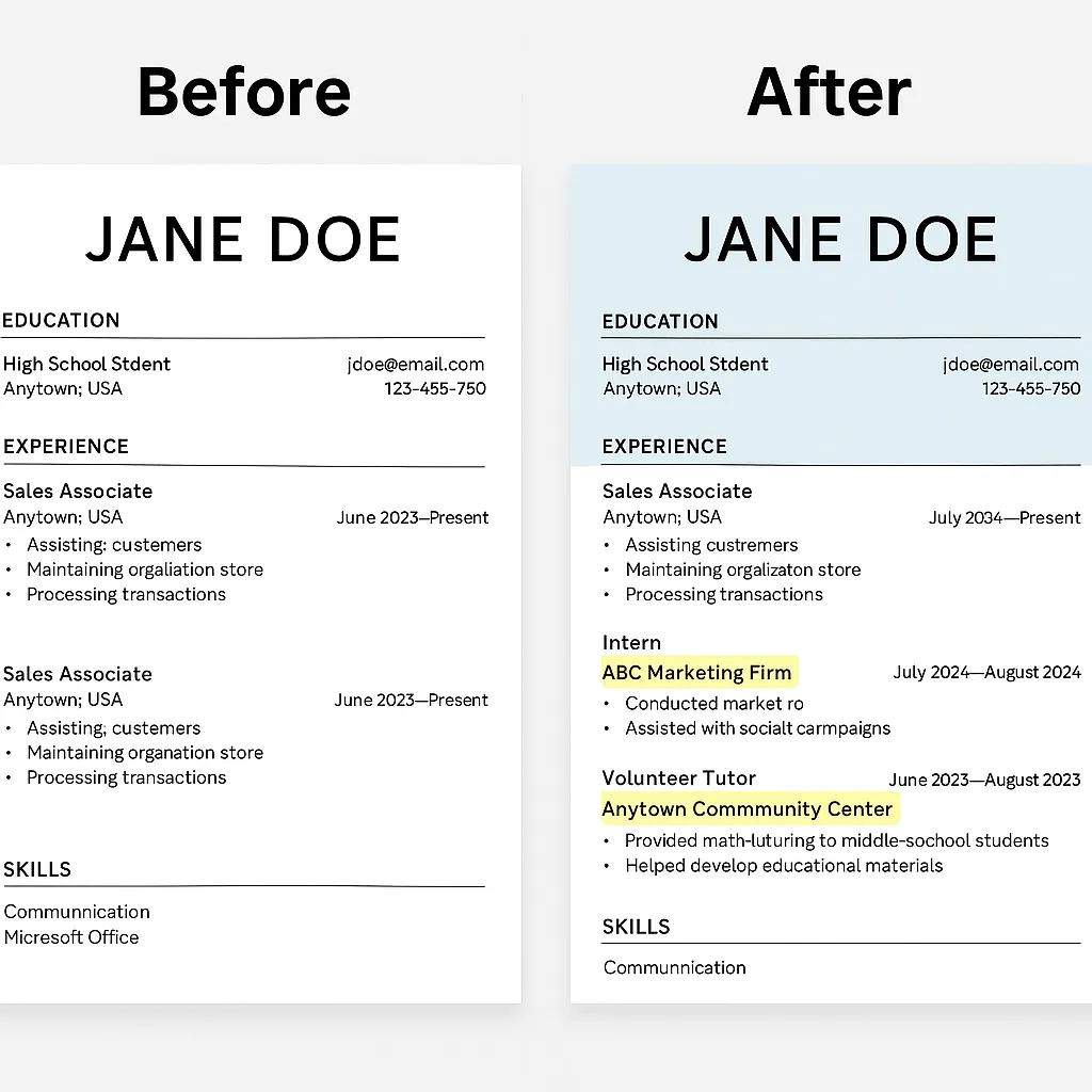 Importance of Summer for High School Students Side-by-side high school resume comparison showing the impact of summer internships and volunteer work on college readiness.