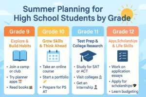 Summer Planning by Grade (9–12): High School Checklists & Smart Tips Infographic showing summer planning checklist for high school students by grade level 9 through 12, with tips on camps, online courses, SAT prep, and college applications.