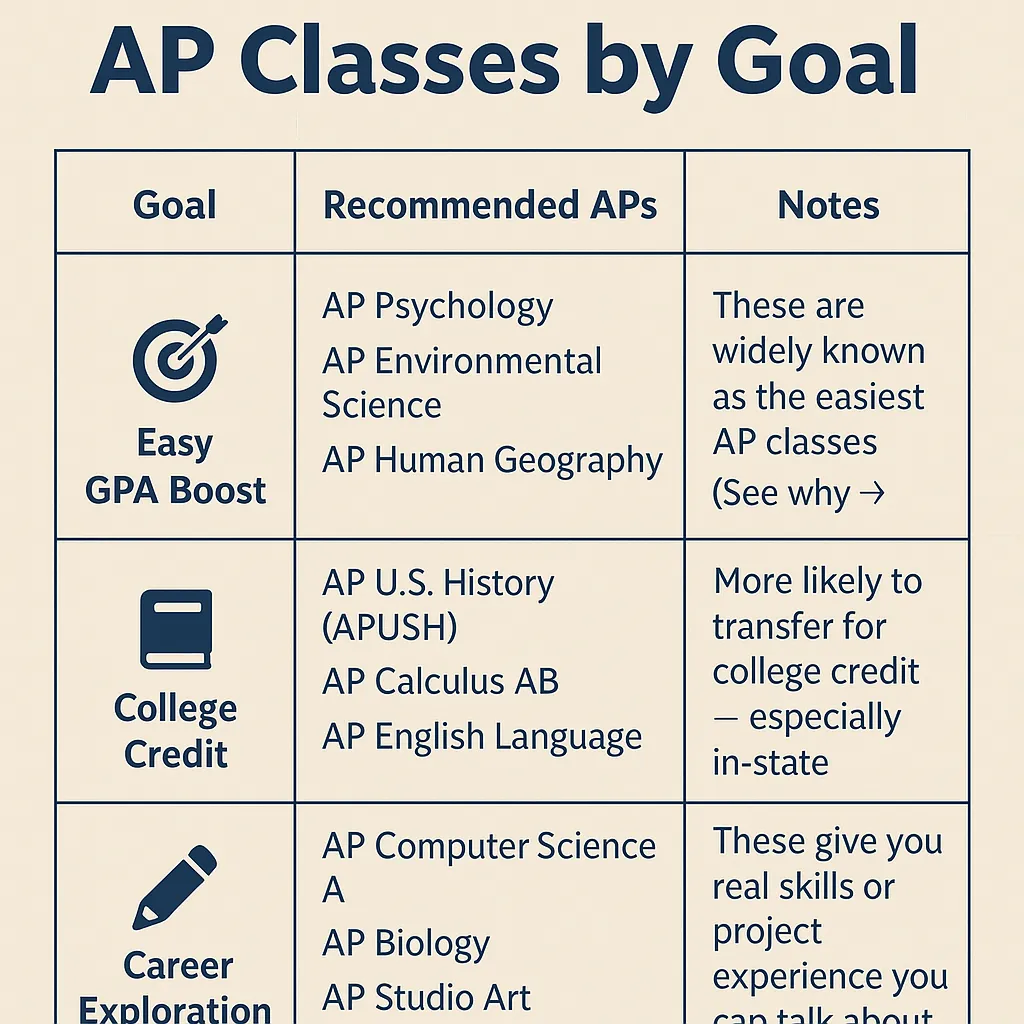 Best AP Classes to Take in High School (2025 Guide for Students & Parents) Infographic showing AP classes by goal: easy GPA boost, college credit, and career exploration with recommended APs like AP Psychology, APUSH, and AP Computer Science.