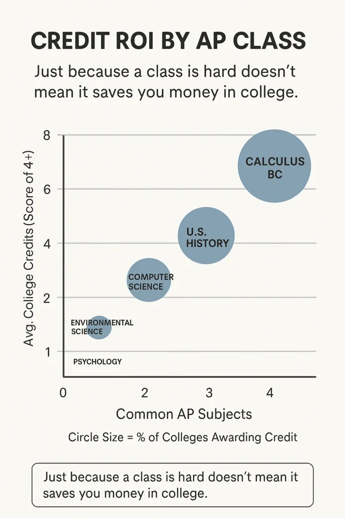 Best AP Classes That Actually Count for College Credit in 2025 Infographic comparing AP credit ROI across subjects in 2025. AP Calculus BC and AP Physics C offer higher average college credit hours than APUSH or AP Environmental Science. Visual highlights how not all AP classes translate equally into college savings."Let me know if you want a more keyword-optimized or accessibility-focused version.