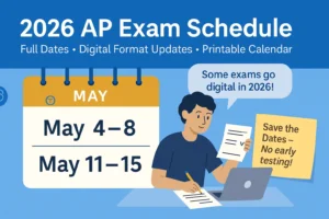 ap exam schedule 2026: Full Dates & Digital Test Info 2026 AP Exam schedule infographic showing May 4–8 and May 11–15 test dates, student taking notes, and reminder about digital exam format and no early testing.