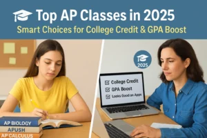 Best AP Classes to Take in High School (2025 Guide for Students & Parents) Illustration showing top AP classes to take in 2025, with a student choosing between AP Biology, AP Calculus, and AP Psychology.