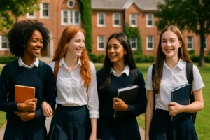 Best Boarding Schools for Girls (2025 Rankings & Tips) Four high school girls in uniform smiling and walking across a private school campus with a red-brick ivy-covered building in the background