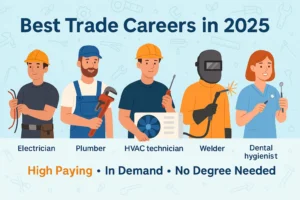 Infographic showing the best trade careers in 2025 — Electrician, Plumber, HVAC Technician, Welder, and Dental Hygienist — labeled as high paying, in-demand, and no degree needed