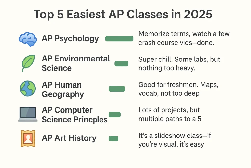 Easiest AP Classes to Take (2025 Guide Backed by Student Data) Infographic showing the top 5 easiest AP classes in 2025 based on pass rate, average study time, and student insights – includes AP Environmental Science, AP Psychology, AP Human Geography, AP Computer Science Principles, and AP Art History.