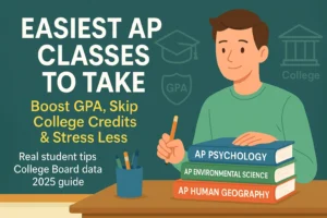 Easiest AP Classes to Take (2025 Guide Backed by Student Data) Illustration of a student studying AP Psychology, Environmental Science, and Human Geography with overlay text reading “Easiest AP Classes to Take – Boost GPA, Skip College Credits & Stress Less”