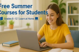 Middle school student learning online at home in summer, exploring free courses for grades 6–12