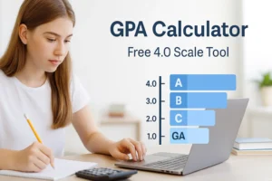 Student using an online GPA calculator tool on a laptop with a GPA scale chart, notebook, and calculator on desk.