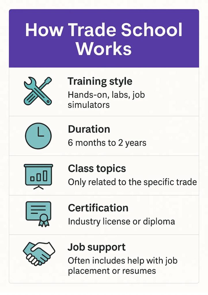 What Is Trade School? A Student’s Guide to Career-Ready Education Infographic explaining how trade school works, including hands-on training, short program duration, focused curriculum, certification, and job placement support.