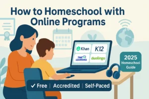Mother and child using laptop for online homeschooling with icons for Khan Academy, K12, Duolingo, and Time4Learning — 2025 homeschool guide for free, accredited, and self-paced programs.