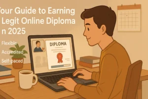 A teen studying online at home with a laptop showing a digital high school diploma certificate, symbolizing flexible and accredited online education options in 2025.