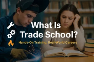 Student learning welding in trade school alongside classroom student with text: What is Trade School – Hands-On Training, Real-World Careers